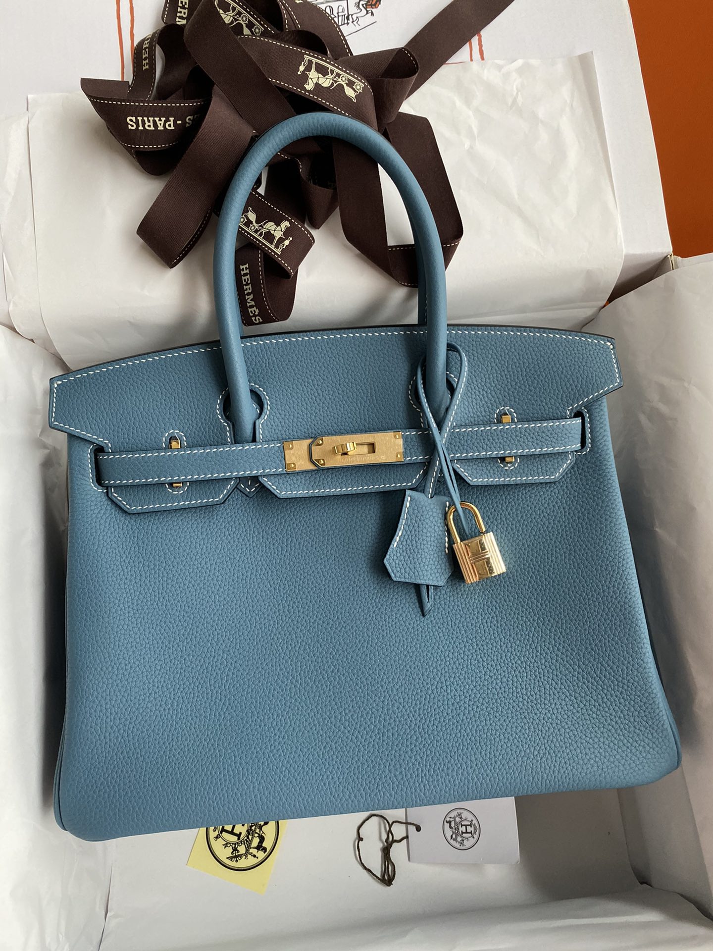 Hermes Birkin 30CM Togo Leather Handbag Blue Jean